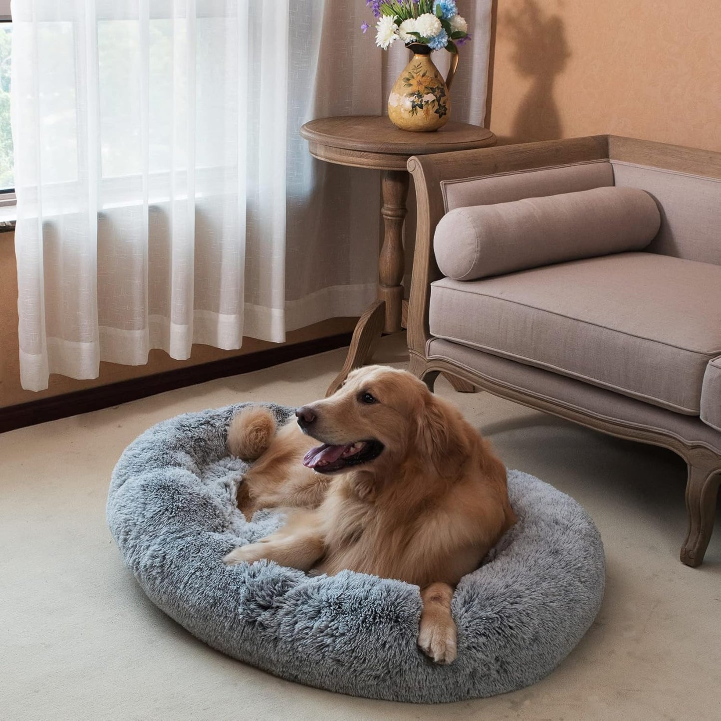 Oval Calming Donut Cuddler Dog Bed,Shag Faux Fur Cat Bed Washable Round Pillow Pet Bed(30"/36"/43") for Small Medium Dogs (XL(36"x27"x7"), Grey)