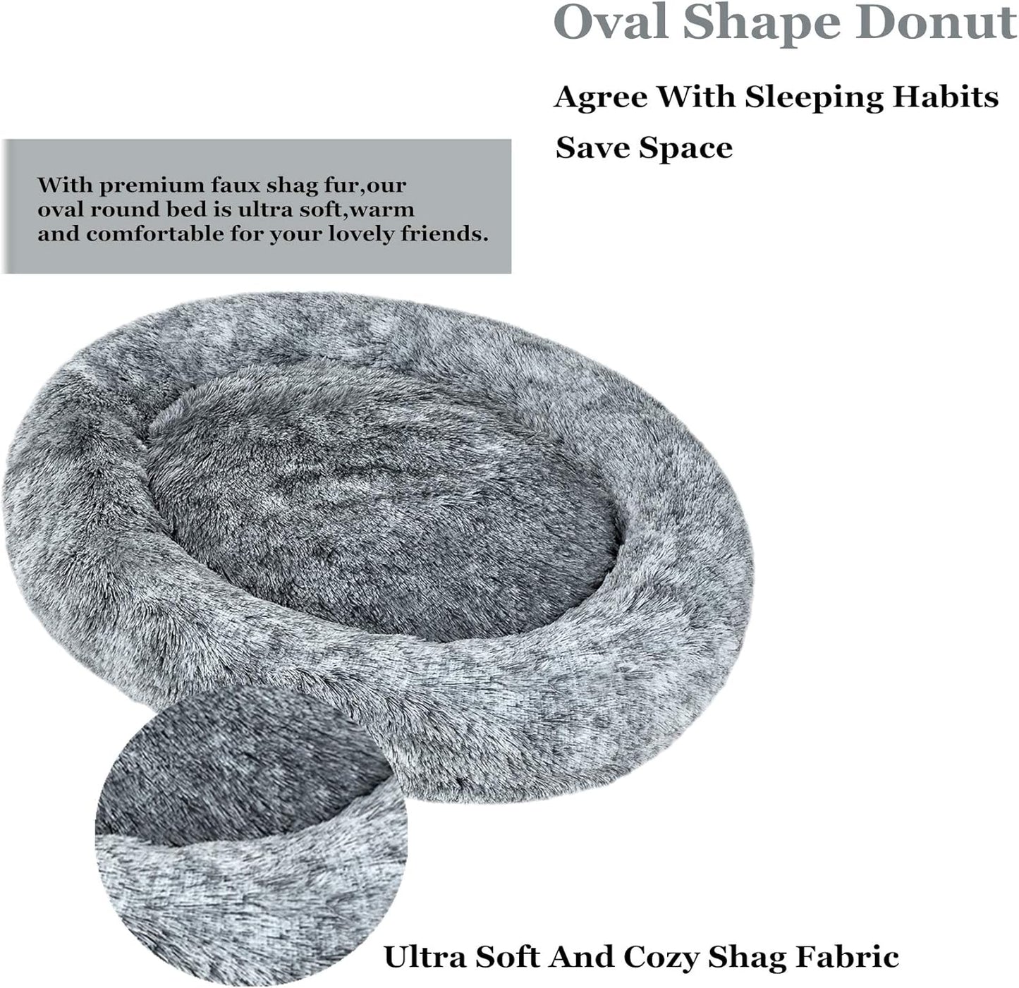 Oval Calming Donut Cuddler Dog Bed,Shag Faux Fur Cat Bed Washable Round Pillow Pet Bed(30"/36"/43") for Small Medium Dogs (XL(36"x27"x7"), Grey)