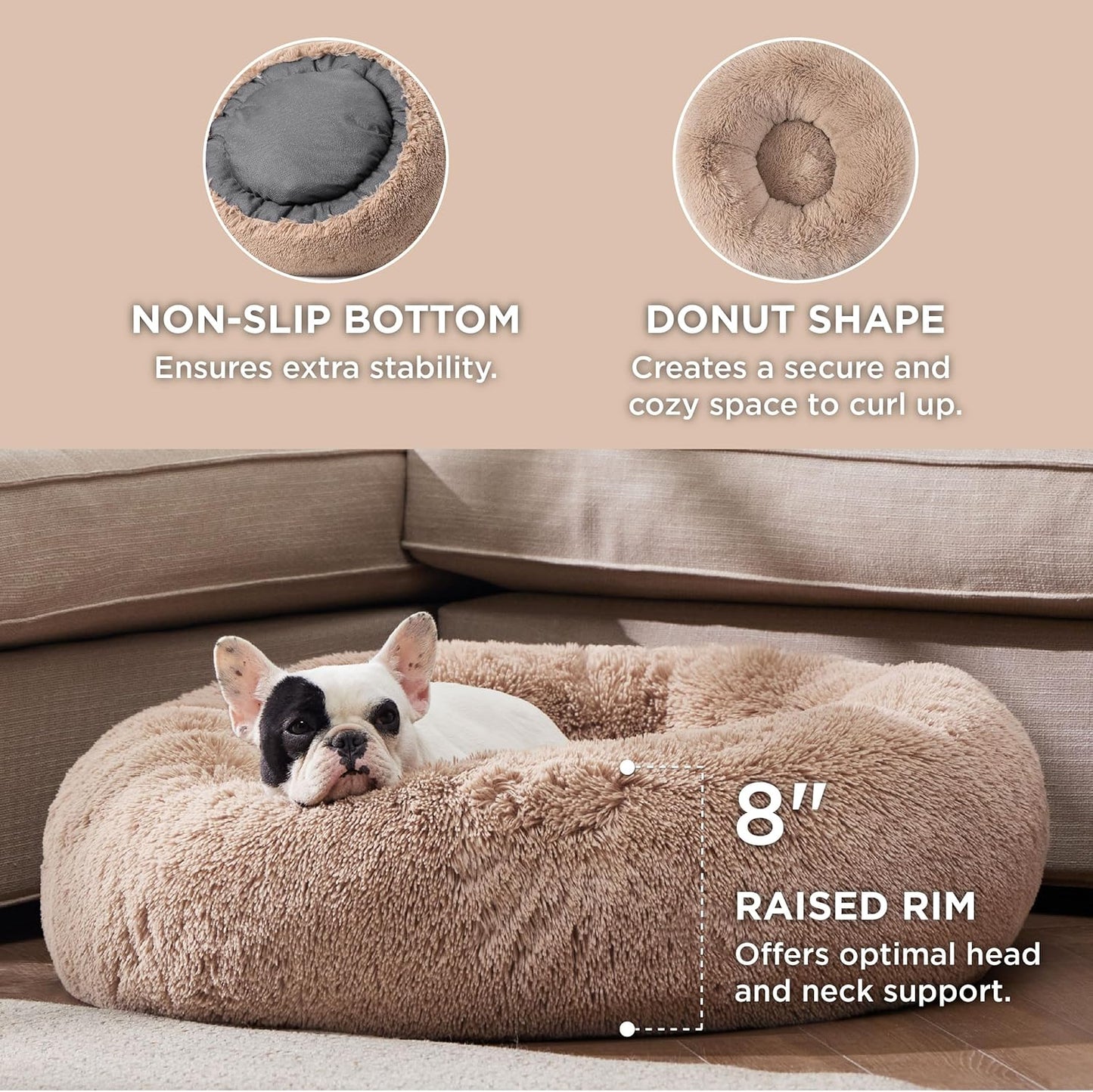 Dog Bed for Medium Dogs - Donut Washable Medium Pet Bed, 30 inches Anti-Slip Round Fluffy Plush Faux Fur Cat Bed, Fits up to 45 lbs Pets, Camel
