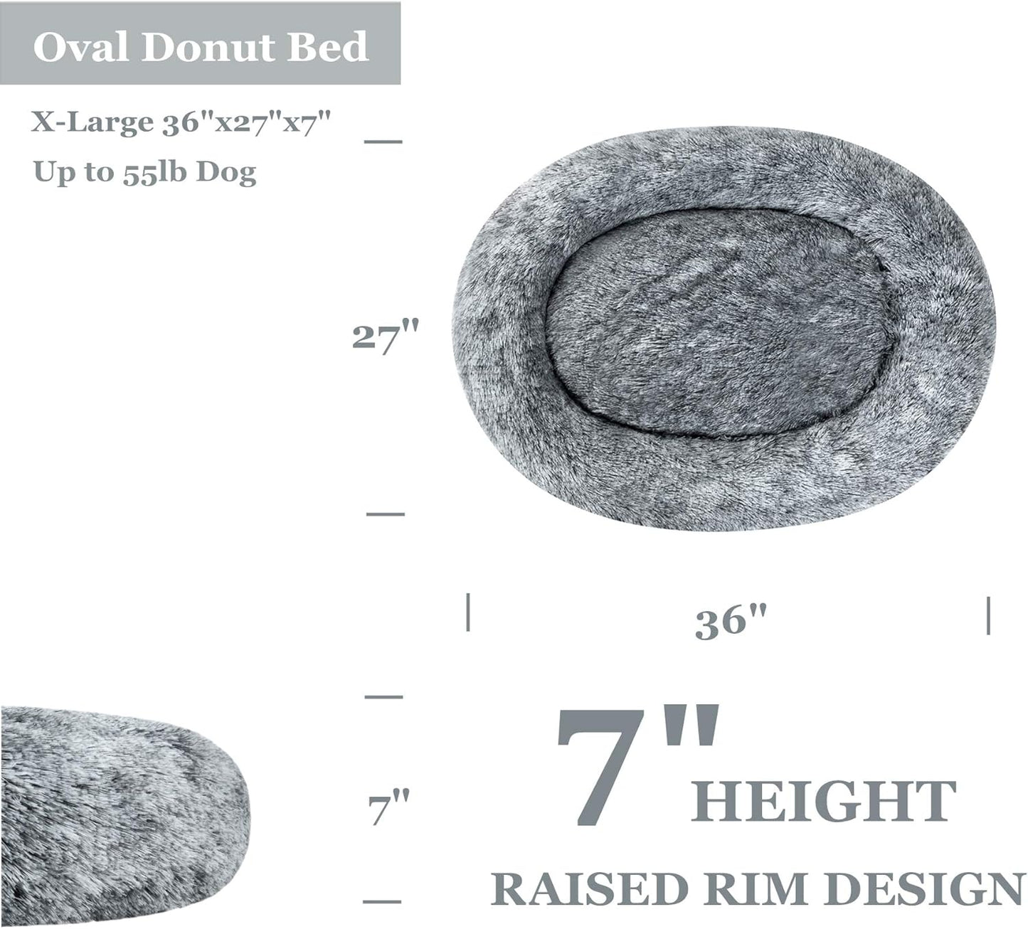 Oval Calming Donut Cuddler Dog Bed,Shag Faux Fur Cat Bed Washable Round Pillow Pet Bed(30"/36"/43") for Small Medium Dogs (XL(36"x27"x7"), Grey)