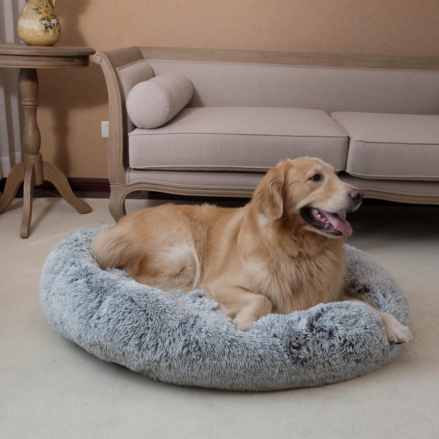 Oval Calming Donut Cuddler Dog Bed,Shag Faux Fur Cat Bed Washable Round Pillow Pet Bed(30"/36"/43") for Small Medium Dogs (XL(36"x27"x7"), Grey)
